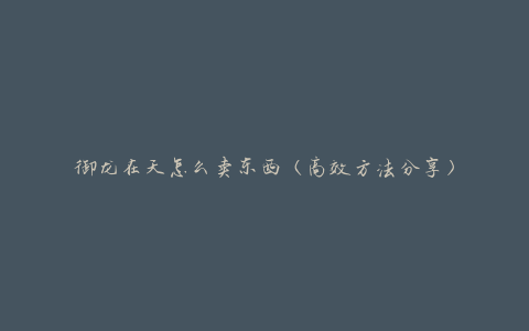 御龙在天怎么卖东西（高效方法分享）